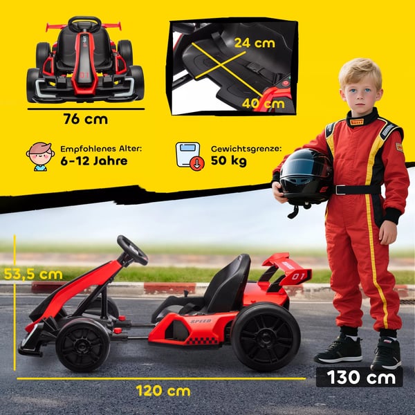 Elektrisk Gokart til Børn 24V-50kg, Rød/Sort - 6-12 År