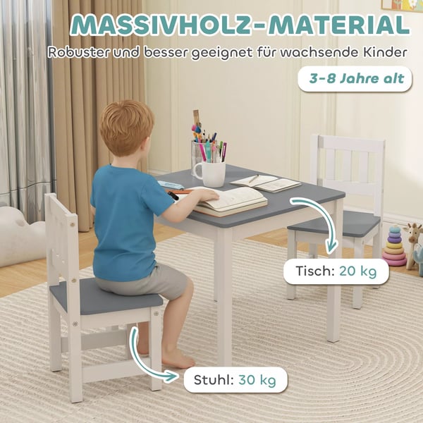 AIYAPLAY Lastenpöytä ja 2 tuolia - Mänty Huonekalusetti lapsille, Harmaa, 56cm