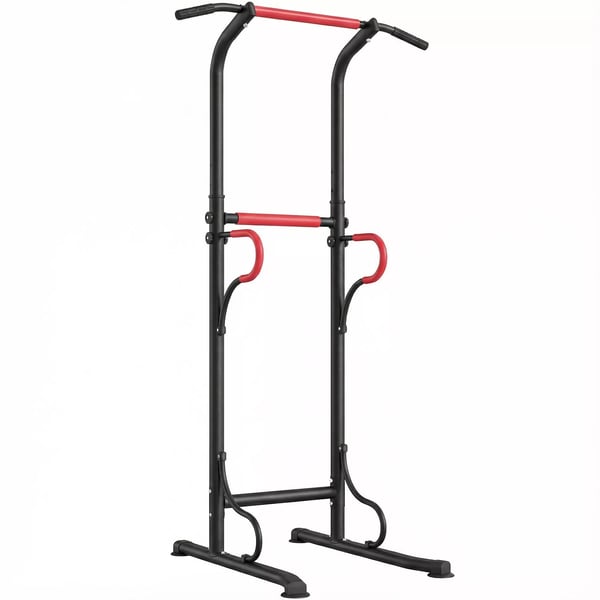 Power Tower Justerbar Dip Station med Pull-up Bar, Sugekopper - Sort/Rød Stål/Plastik - Multifunktionel Hjemmegymnastik Udstyr (Maks 120 kg)