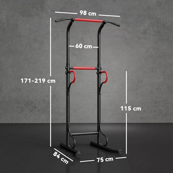 Power Tower Justerbar Dip Station med Pull-up Bar, Sugekopper - Sort/Rød Stål/Plastik - Multifunktionel Hjemmegymnastik Udstyr (Maks 120 kg)