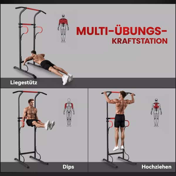 Power Tower Justerbar Dip Station med Pull-up Bar, Sugekopper - Sort/Rød Stål/Plastik - Multifunktionel Hjemmegymnastik Udstyr (Maks 120 kg)