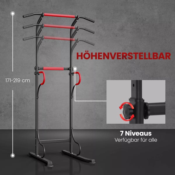 Power Tower Justerbar Dip Station med Pull-up Bar, Sugekopper - Sort/Rød Stål/Plastik - Multifunktionel Hjemmegymnastik Udstyr (Maks 120 kg)