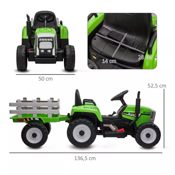 HOMCOM lasten sähkötraktori perävaunulla, vihreä, 12V