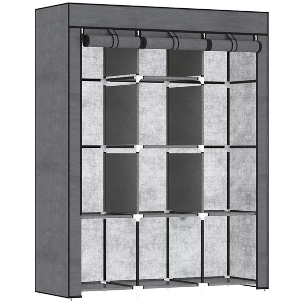 HOMCOM Klappskab mørkegrå Stoftøjskab med 8 hylder og bøjlestang - Foldbar garderobe m. fiberdug betræk til soveværelse/entré - 125x43x162,5 cm
