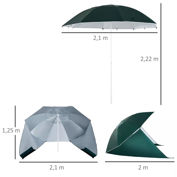 Outsunny 2-in-1 aurinkovarjo, rantavarjo, tuulisuoja ja rantateltta, tummanvihreä, Φ210xK222cm