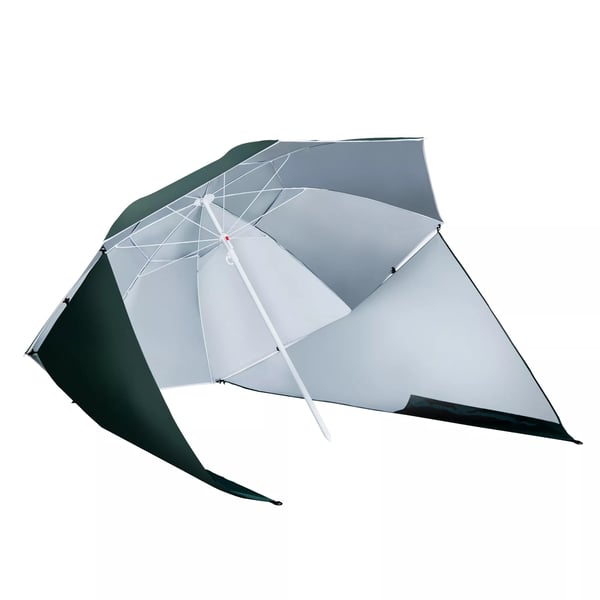 Outsunny 2-i-1 Parasoll Strandparasoll Vindskydd Strandtält Mörkgrön Φ210xH222cm