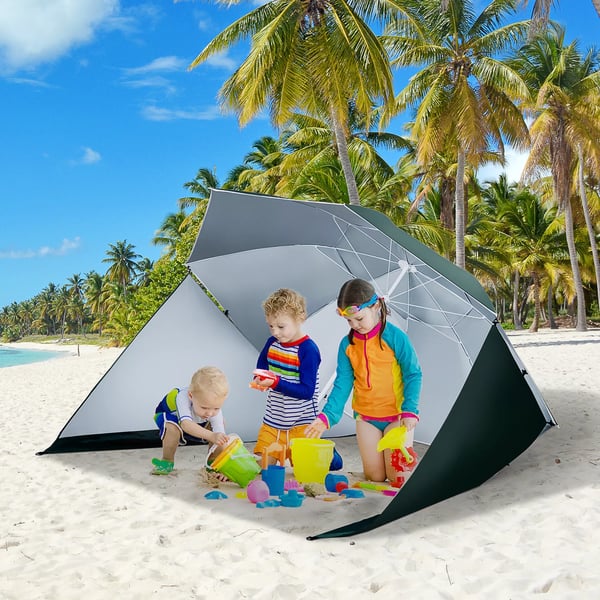 Outsunny 2-in-1 aurinkovarjo, rantavarjo, tuulisuoja ja rantateltta, tummanvihreä, Φ210xK222cm