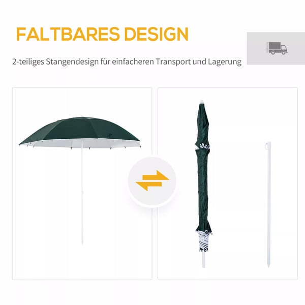 Outsunny 2-in-1 aurinkovarjo, rantavarjo, tuulisuoja ja rantateltta, tummanvihreä, Φ210xK222cm