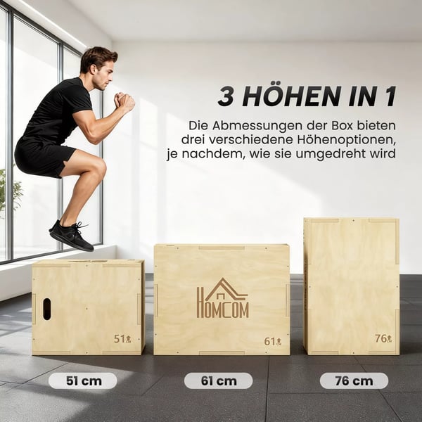 3-in-1 Plyo-laatikko Puinen Plyometrinen Hyppyboksi 3 Hyppykorkeudella ja Kahvoilla 61 x 51 x 76 cm Luonnonpuu