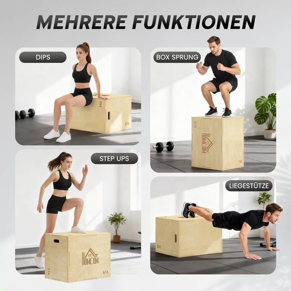 3-in-1 Plyo-laatikko Puinen Plyometrinen Hyppyboksi 3 Hyppykorkeudella ja Kahvoilla 61 x 51 x 76 cm Luonnonpuu