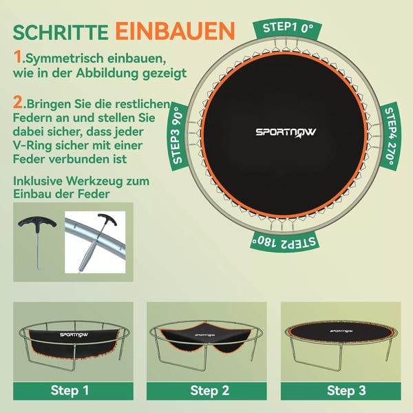 Soozier trampolinspringmåtte, Ø323 cm, orange, 120 kg max belastning, til 3,66 m trampolin inkl. fjederinstallationsværktøj