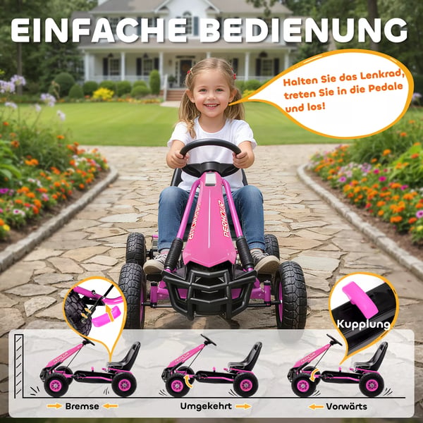 AIYAPLAY Pedal Gokart til Børn - Lyserød Plastik/Stål - Justerbar, EVA-hjul, Bremse - 3-8 år