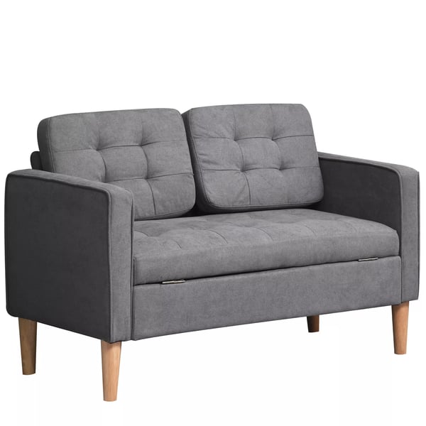 HOMCOM Tvåsits Soffa Grå Tyg med Förvaring - Gummiträ Ben 117x62x78 cm