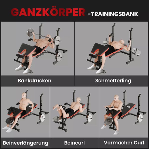 HOMCOM vægtbænk uden vægte, justerbar fitnessbænk til mange øvelser, træningsstation, stål, plast, sort+rød