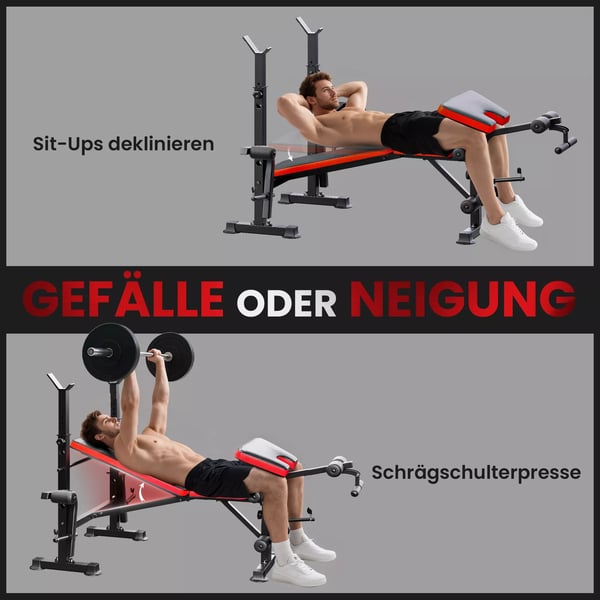 HOMCOM vægtbænk uden vægte, justerbar fitnessbænk til mange øvelser, træningsstation, stål, plast, sort+rød