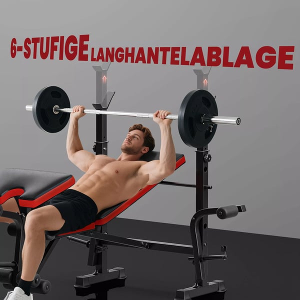 HOMCOM vægtbænk uden vægte, justerbar fitnessbænk til mange øvelser, træningsstation, stål, plast, sort+rød