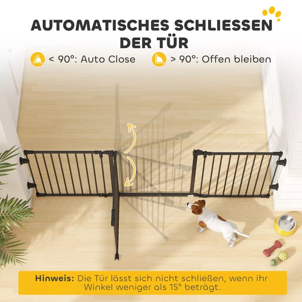 PawHut Hundegitter med automatisk dør, justerbar, foldbar, 3 paneler, Sort, Stål/Plastik, 202.5x76cm