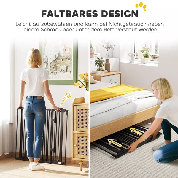 PawHut Hundegitter med automatisk dør, justerbar, foldbar, 3 paneler, Sort, Stål/Plastik, 202.5x76cm