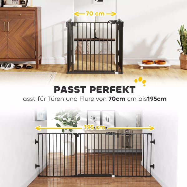 PawHut Hundegitter med automatisk dør, justerbar, foldbar, 3 paneler, Sort, Stål/Plastik, 202.5x76cm