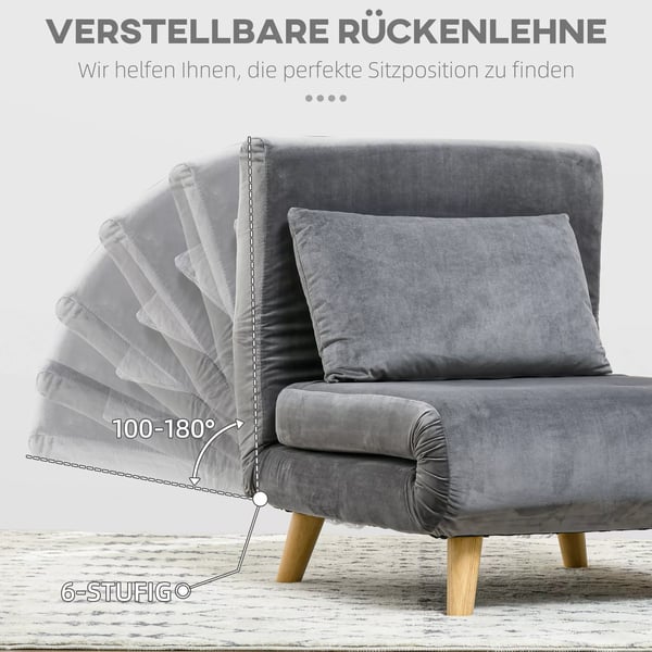HOMCOM sovesofa Klapsessel med sengefunktion & pude, gæsteseng med justerbar ryglæn, fløjlslook, op til 125 kg, grå