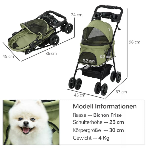 PawHut Hundevogn Mørkegrøn - Foldbar, Stål og Oxford-Gewebe, til Små Hunde og Katte
