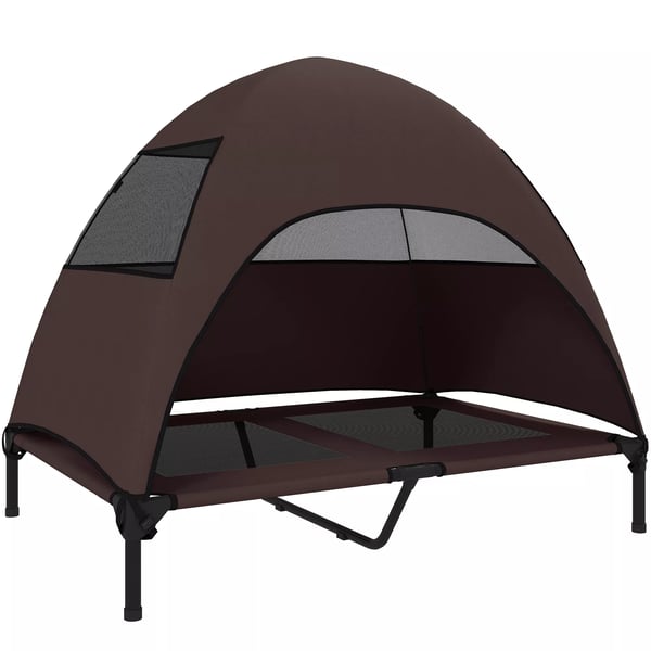 PawHut Hundeseng utendørs med tak – Høy, avkjølende PET-seng i kaffe (Polyester, 106x76x99cm)