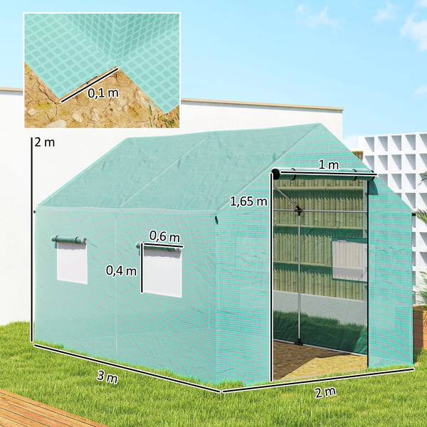 Outsunny foliedrivhus 2x3x2 m, vindtæt drivhus med rullevindue og UV-beskyttelse, ideelt til tomater, stålkonstruktion, grøn