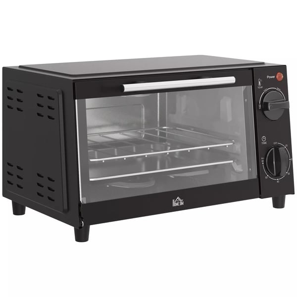 HOMCOM Mini-uuni 9L, ruostumaton teräs, musta, säädettävä lämpötila 100-230°C, 60 min ajastin, 750W