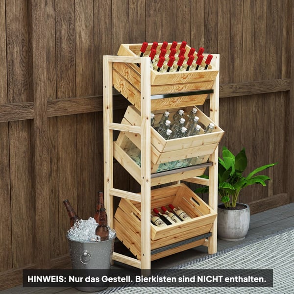 Outsunny Øl-/Drikkekasse-reol til 3 ølkasser, Træreol til 3 niveauer, fritstående ølkasseholder af grantræ, naturtræ, 56x32x112 cm