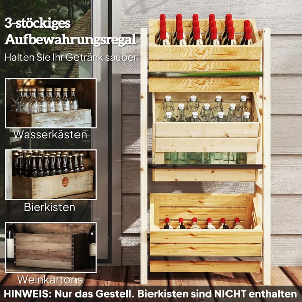 Outsunny Øl-/Drikkekasse-reol til 3 ølkasser, Træreol til 3 niveauer, fritstående ølkasseholder af grantræ, naturtræ, 56x32x112 cm