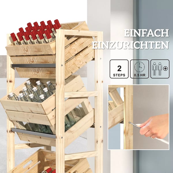 Outsunny Øl-/Drikkekasse-reol til 3 ølkasser, Træreol til 3 niveauer, fritstående ølkasseholder af grantræ, naturtræ, 56x32x112 cm