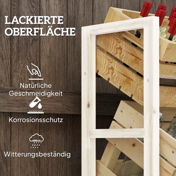 Outsunny Øl-/Drikkekasse-reol til 3 ølkasser, Træreol til 3 niveauer, fritstående ølkasseholder af grantræ, naturtræ, 56x32x112 cm