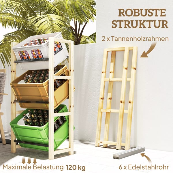 Outsunny Øl-/Drikkekasse-reol til 3 ølkasser, Træreol til 3 niveauer, fritstående ølkasseholder af grantræ, naturtræ, 56x32x112 cm