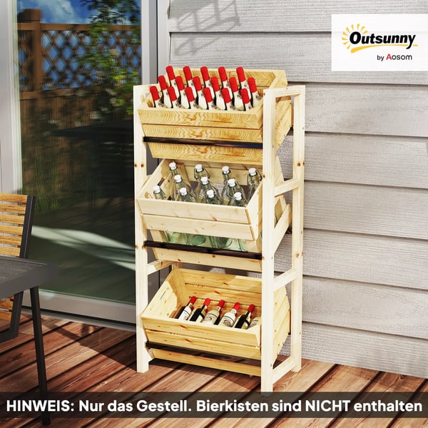 Outsunny Øl-/Drikkekasse-reol til 3 ølkasser, Træreol til 3 niveauer, fritstående ølkasseholder af grantræ, naturtræ, 56x32x112 cm