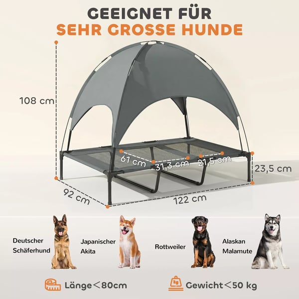 PawHut Udendørs Hundeseng med Baldakin - Åndbar, Metalramme, Grå/Sort, 122x92x108cm