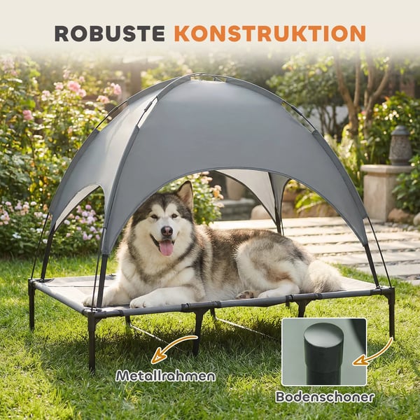 PawHut Udendørs Hundeseng med Baldakin - Åndbar, Metalramme, Grå/Sort, 122x92x108cm