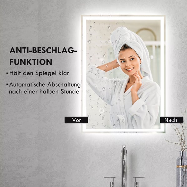 HOMCOM LED badeværelsesspejl 50x70cm dugfrit med touch-kontakt IP44, Aluminium & Glas, Silber