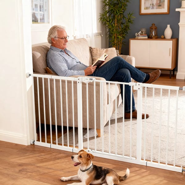 PawHut dørgitter til hunde, kæledyrsgitter 74-147,5 cm, hundegitter med 3 forlængere, trappegitter uden boring, metal, hvid
