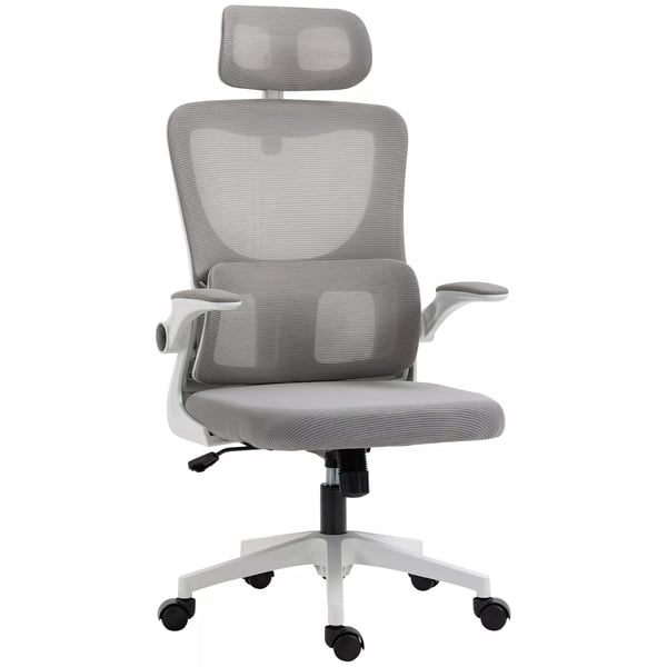 Vinsetto ergonomisk kontorstol, højdejusterbar skrivebordsstol med justerbare armlæn, nakkestøtte, vippefunktion, lændestøtte og mesh, grå