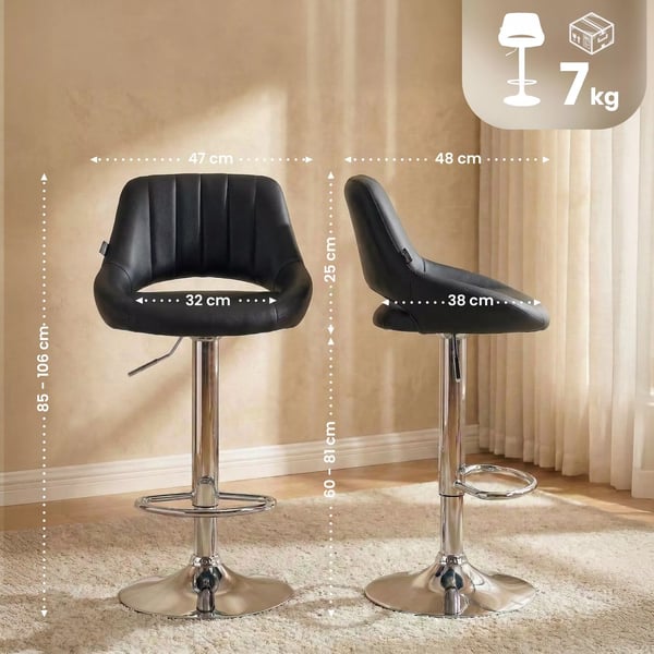 2 x Milet bar stool, imitation leather, black, adjustable height, swivel, metal base, comfort features