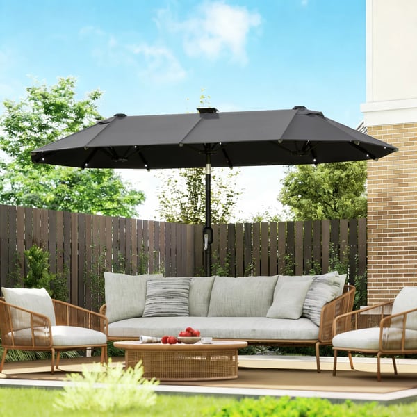 Outsunny tuplavarjo 295x219cm, LED-puutarhavarjo, säädettävä kallistuskulma, aurinkovarjo, tummanharmaa