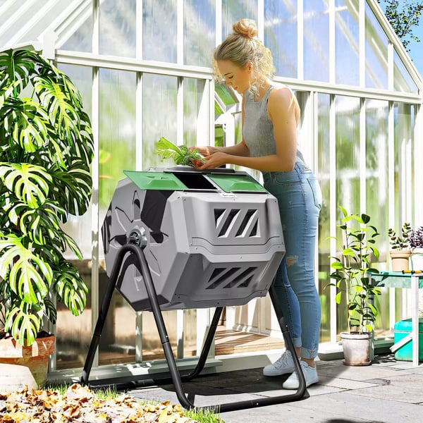 Outsunny 160L Kompostbeholder, 2 Kamre, Roterbar, til Haveaffald, Grå