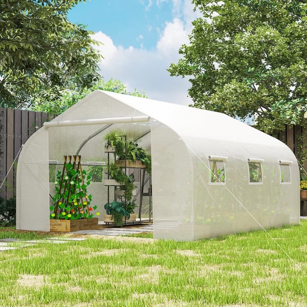 Outsunny drivhus med folie 4,45x2,99x2,05m UV-beskyttelse tomatdrivhus, netvinduer, vindtæt, metal, hvid