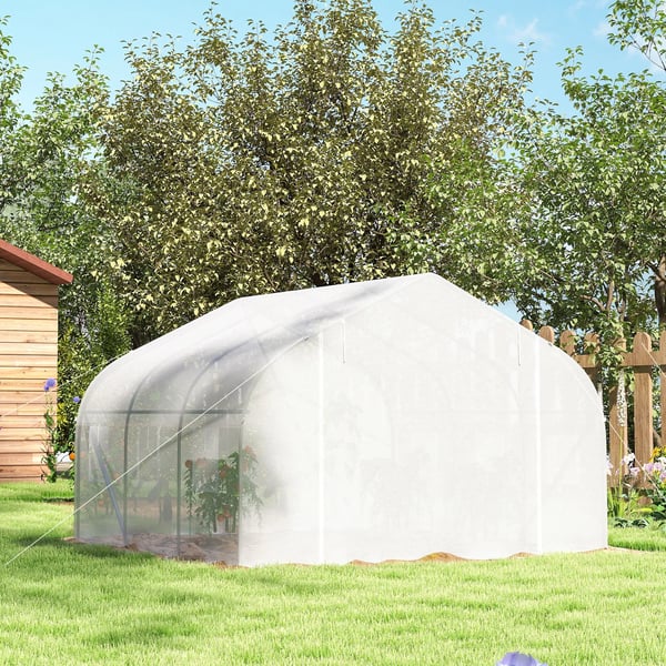 Outsunny drivhus med folie 4,45x2,99x2,05m UV-beskyttelse tomatdrivhus, netvinduer, vindtæt, metal, hvid