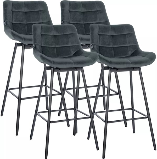 Uppsättning med 4 mörkgrå barstolar i sammet med snurrfunktion och mattsvarta metallben, 77 cm sitthöjd, 180° snurrfunktion, quiltad design