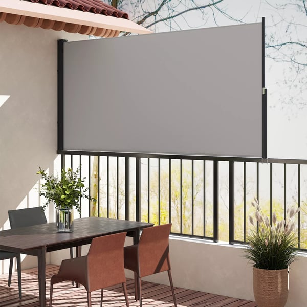 Outsunny udtrækkelig sidemarkise, 300 x 140 cm havemarkise, afskærmning med UV-beskyttelse, vindbeskyttelse, metal, polyester, lysegrå