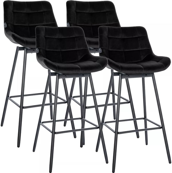 Set med 4 svarta barstolar i sammet med matt svarta metallramar, 77 cm sitthöjd