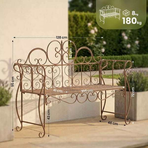 Minna Antik Brun Metal Havebænk, 3-personers, 128 cm Bred