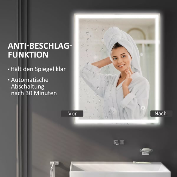 Badeværelsesspejl 90x70 cm med LED-lys, Dugfri, Berøringskontakt, Hukommelsesfunktion, 3 Lysfarver, Sølv Hartglas