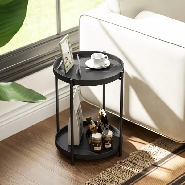 HOMCOM Sidebord, rundt spisebord med 2 hylder, stue, soveværelse, 44x44x56 cm, stål, sort